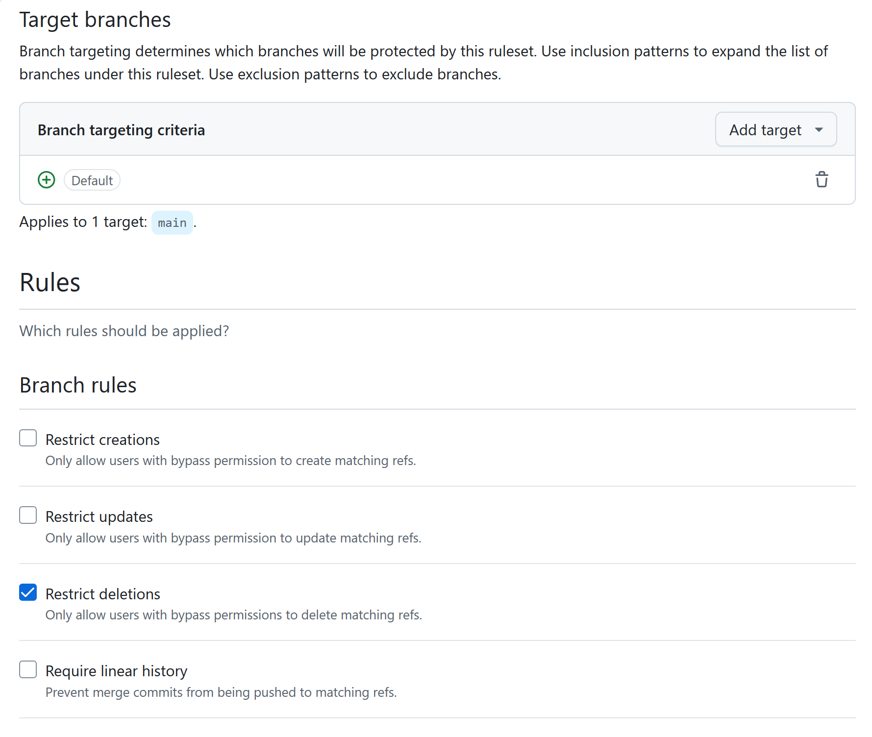 In repository settings an admin can configure branch protection rulesets.