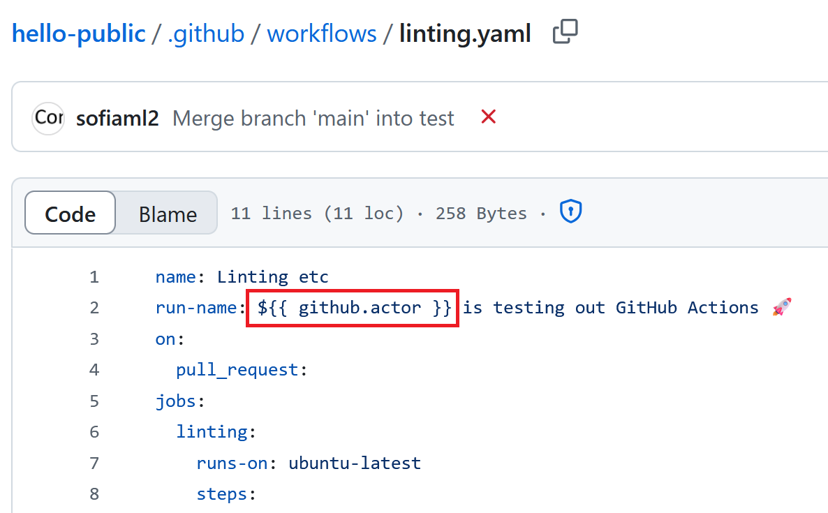 A workflow using `${{ github.actor }}`.