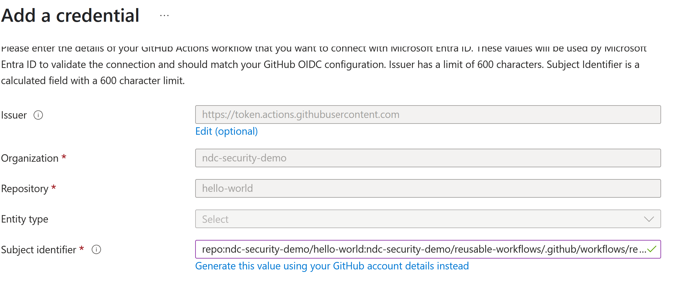 Add a federated identity credential with a custom subject identifier.