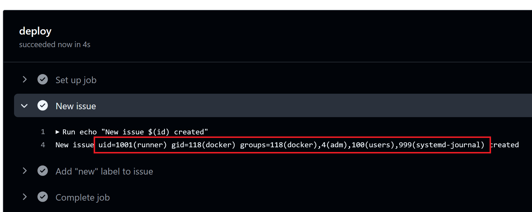 The triggered workflow executes `echo "New issue $(id) created"`.