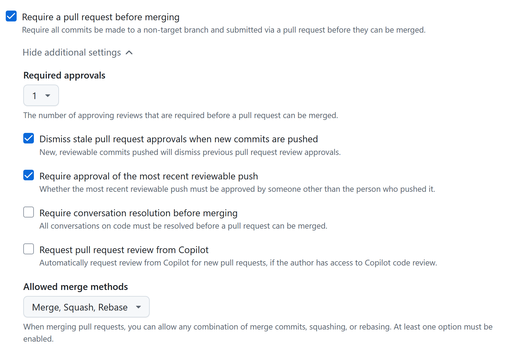 There are several sub-options when requiring a pull request before merging.