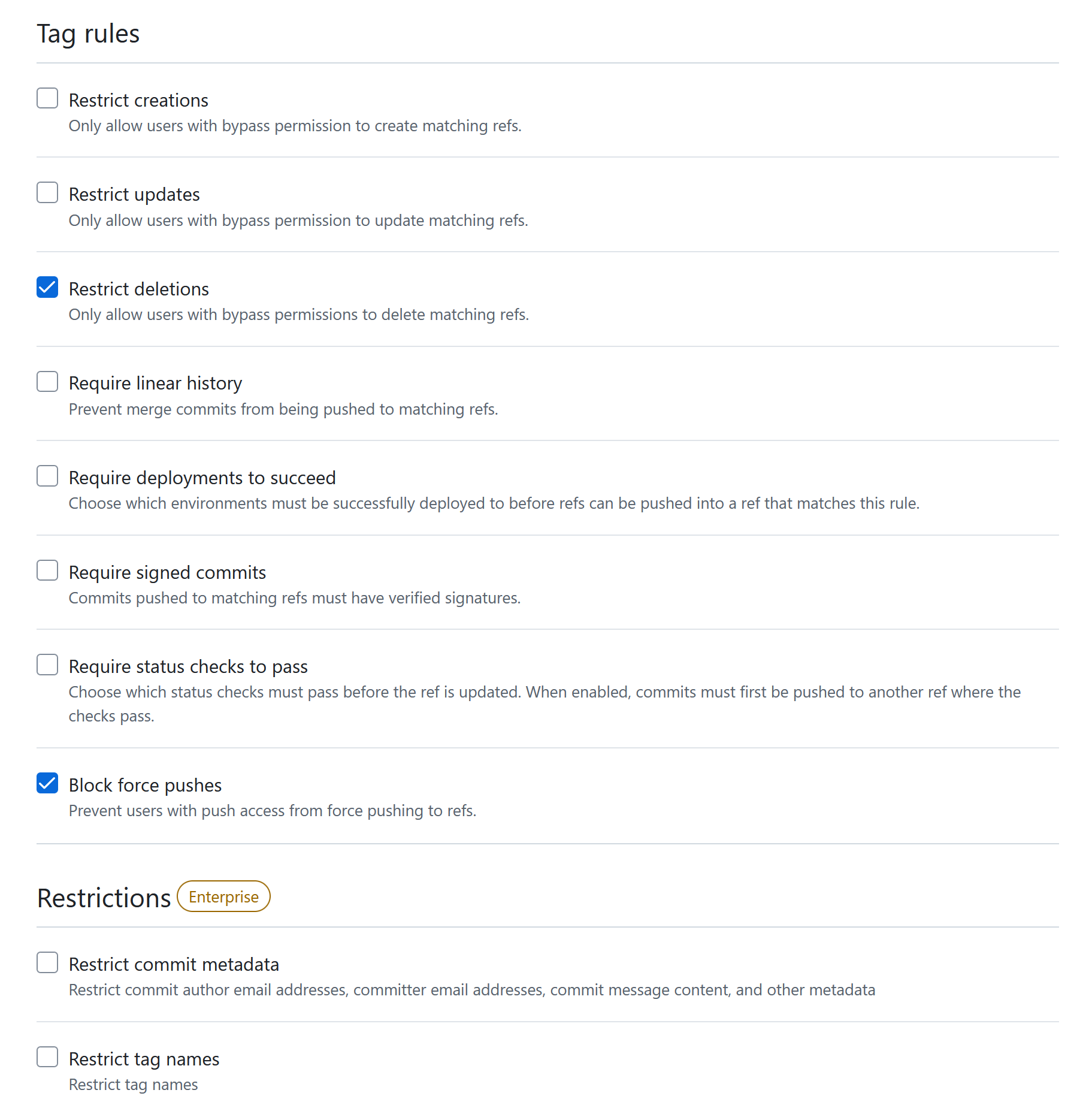 The available tag protection rules.