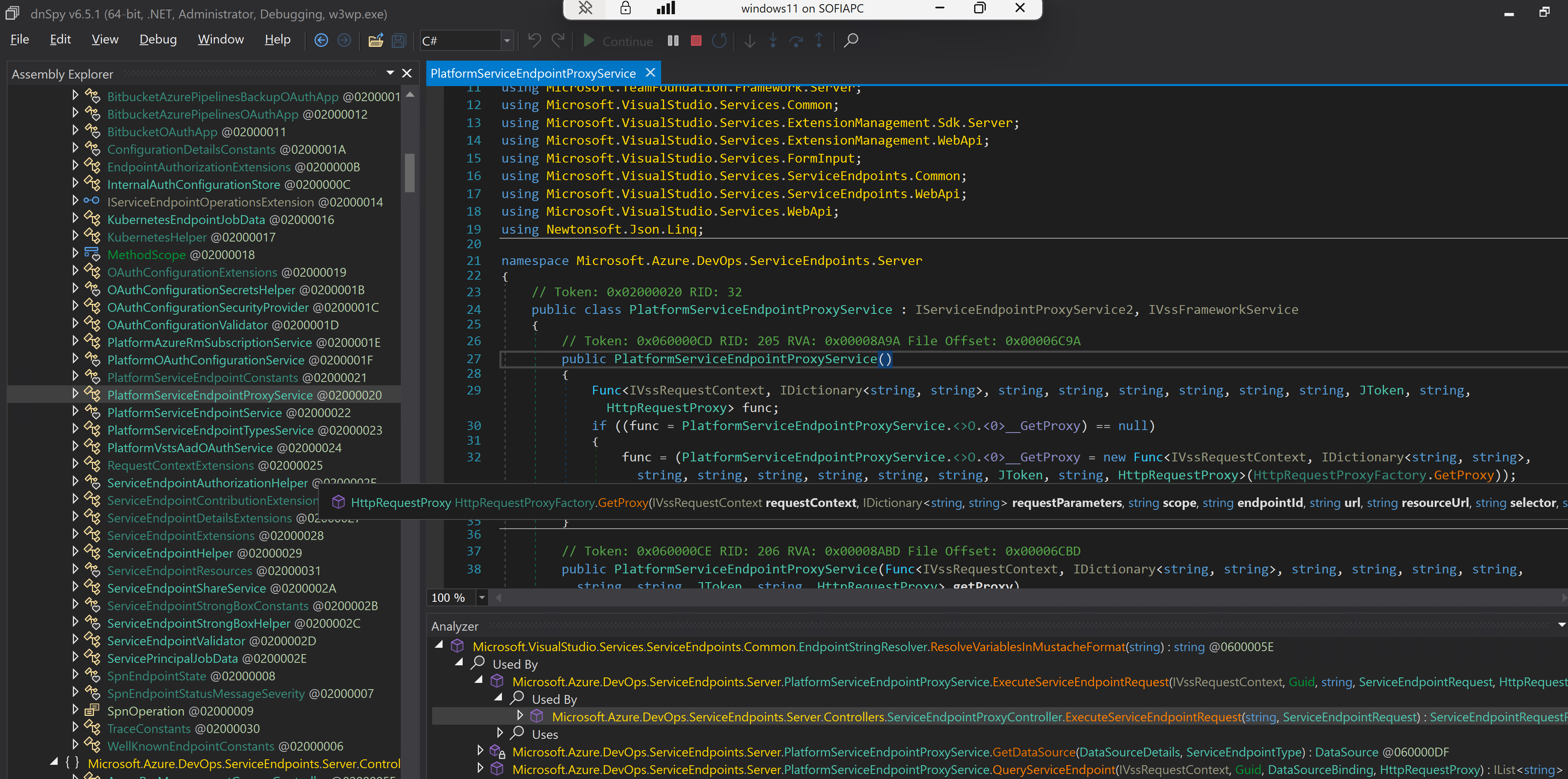 Azure DevOps Server running in dnSpy.